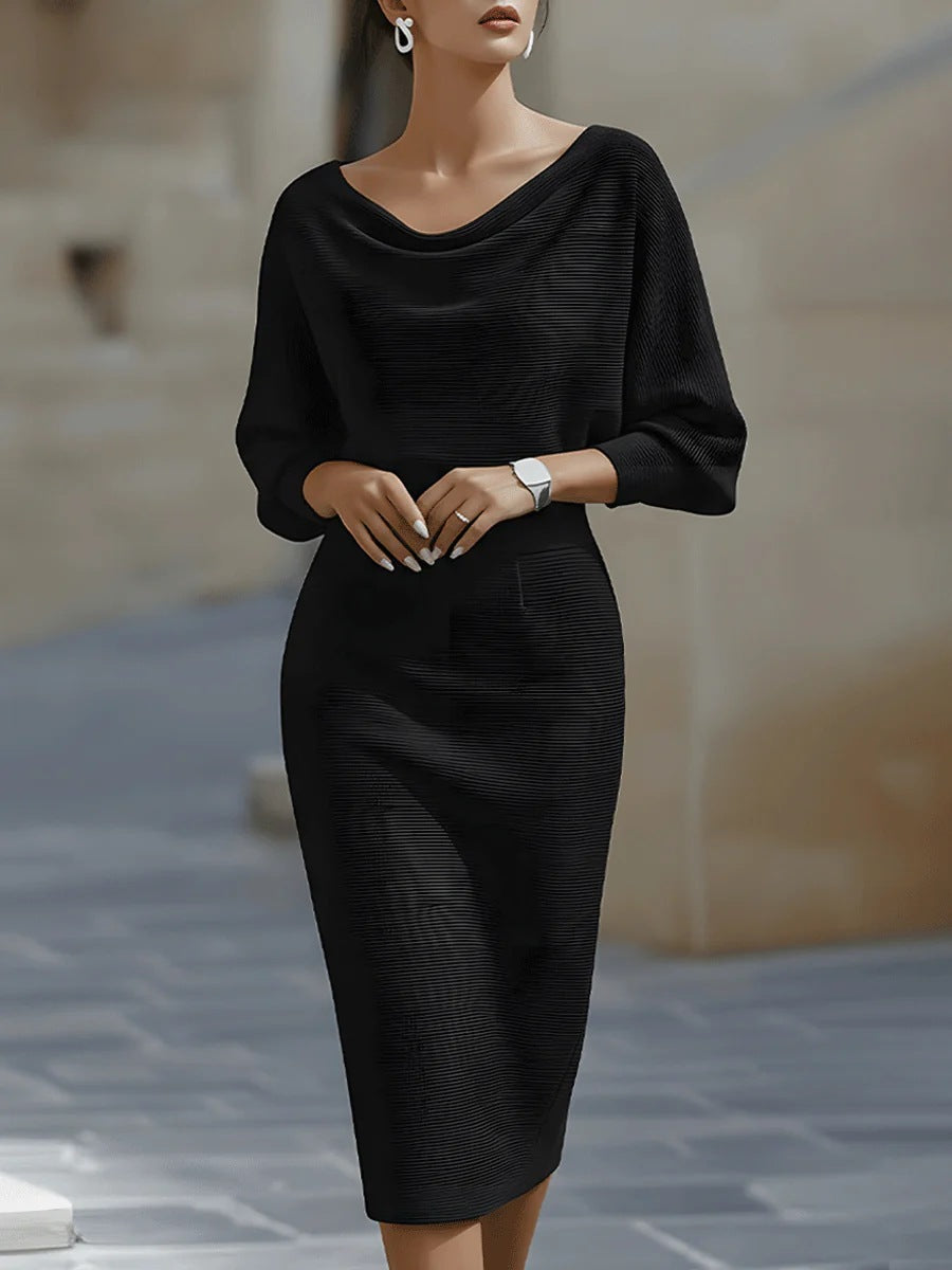 Ribbed Knit Sheath Dress with Cowl Neck and Dolman Sleeves