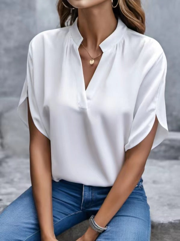 Loose Blouse with Split V-Neck and Slit Short Sleeves