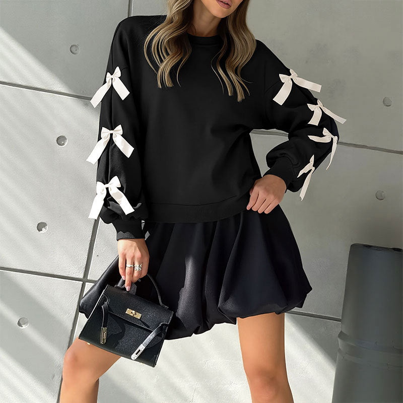 Loose Fit Solid Sweatshirt with Bow Detail Lantern Sleeves