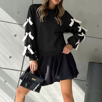 Loose Fit Solid Sweatshirt with Bow Detail Lantern Sleeves