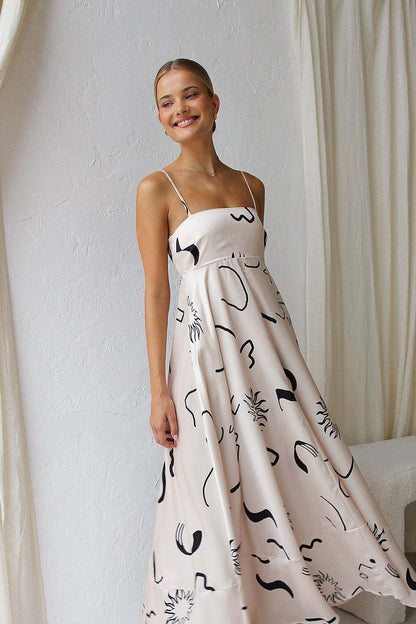 A-Line Maxi Dress with Abstract Print and Spaghetti Straps