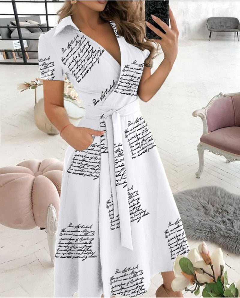 Solid Wrap Midi Dress with Collared V-Neck and Tie-Waist