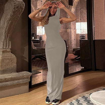 Hooded Sleeveless Bodycon Maxi Dress with Side Slit