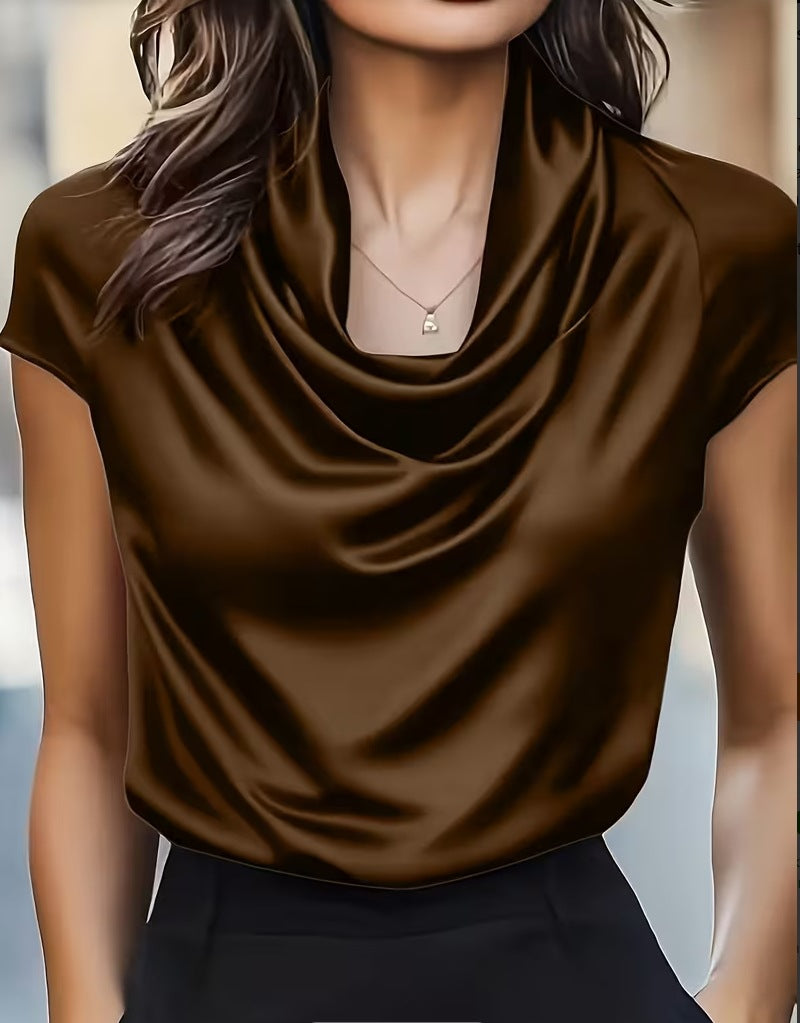 Solid Draped Short Sleeve Top with Cowl Neck