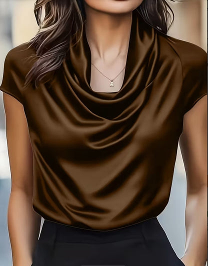 Solid Draped Short Sleeve Top with Cowl Neck