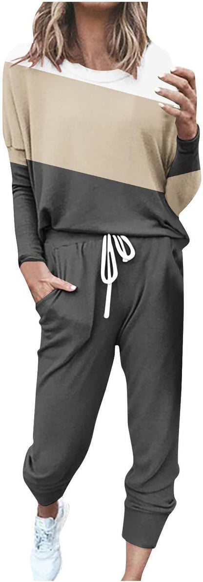 Spliced Long Sleeve Loungewear Set with Jogger Pants