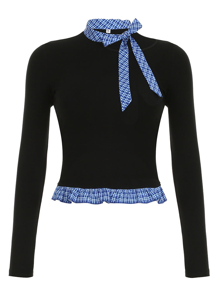 Slim Fit Long Sleeve Top with Plaid Bow Tie and Ruffle Hem