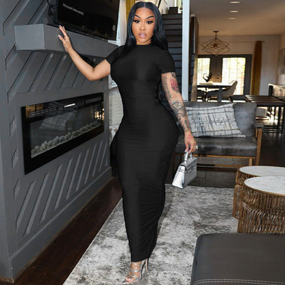 Bodycon Maxi Dress with Mock Neck and Short Sleeves