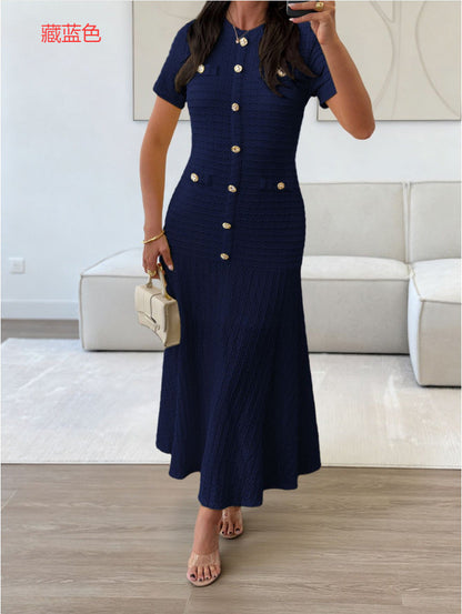 Textured Knit A-Line Midi Dress with Button Front
