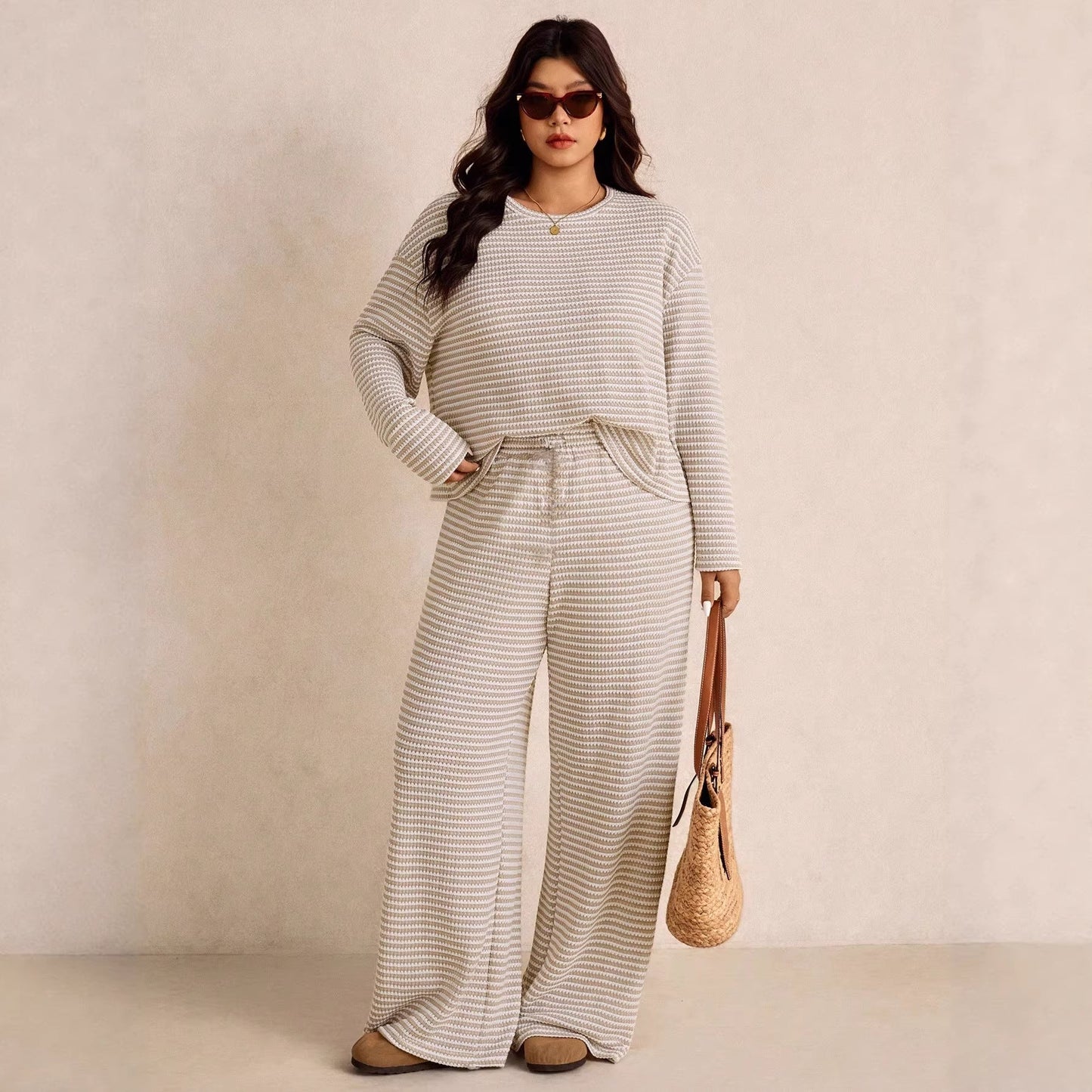 Striped Textured Knit Two-Piece Set with Wide-Leg Trousers