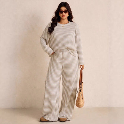 Striped Textured Knit Two-Piece Set with Wide-Leg Trousers