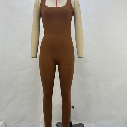 Sleeveless Ribbed Bodycon Jumpsuit with Square Neckline