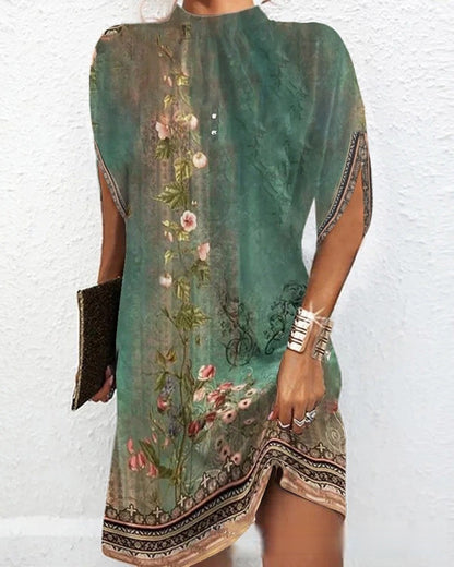 Floral Print Shift Dress with Mock Neck and Bat Sleeves