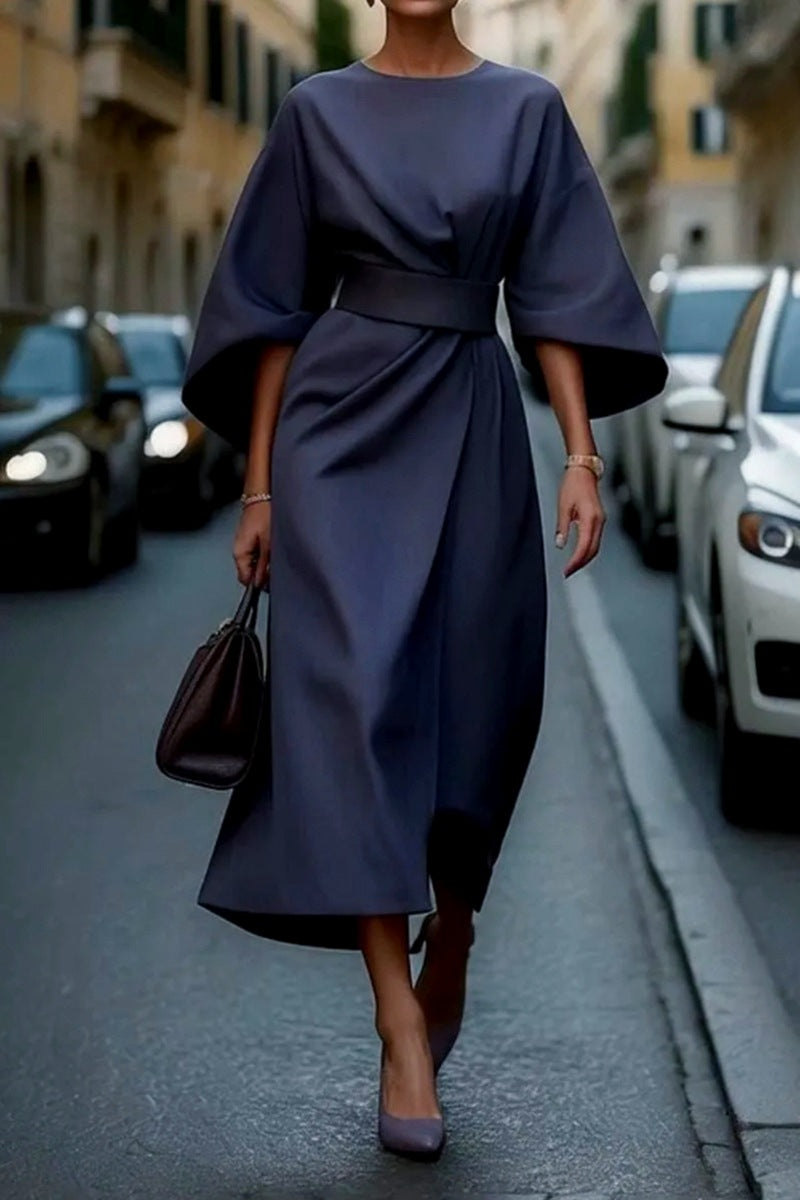 Midi Faux Wrap Dress with Dolman Sleeves