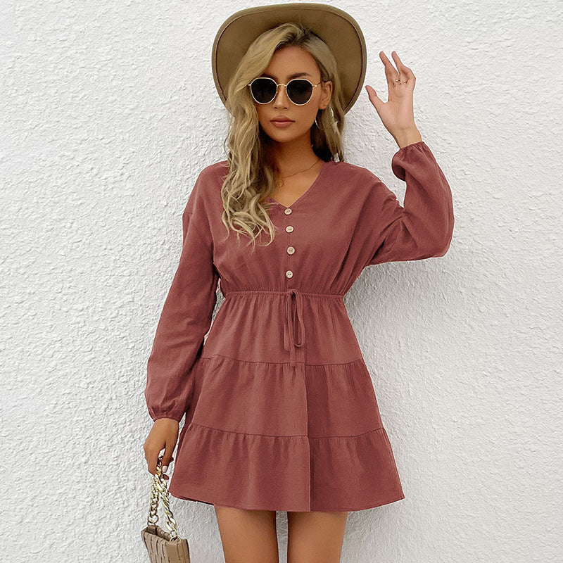 Solid Tiered A-Line Dress with V-Neck and Button Front