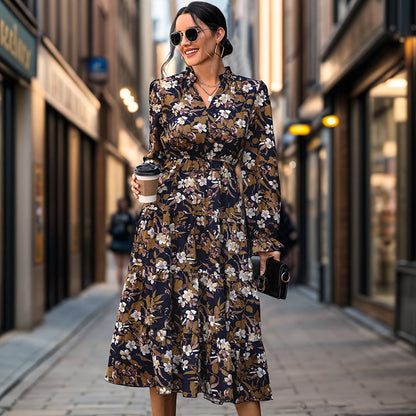 Floral Print Tiered Midi Dress with V-Neck