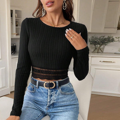 Ribbed Long Sleeve Crop Top with Scalloped Lace Trim