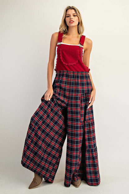Tiered Wide-Leg Plaid Overalls with Scalloped Trim