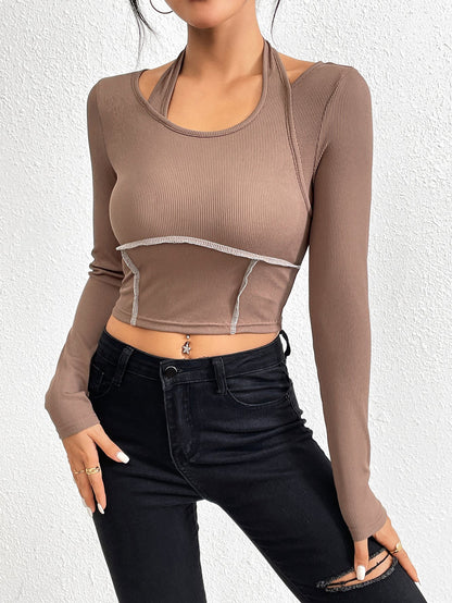 Slim Fit Long Sleeve Top with Halter Neck and Contrast Stitching