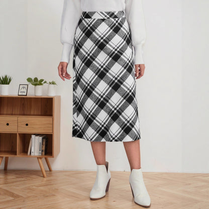 High-Waisted Black and White Plaid Midi Skirt