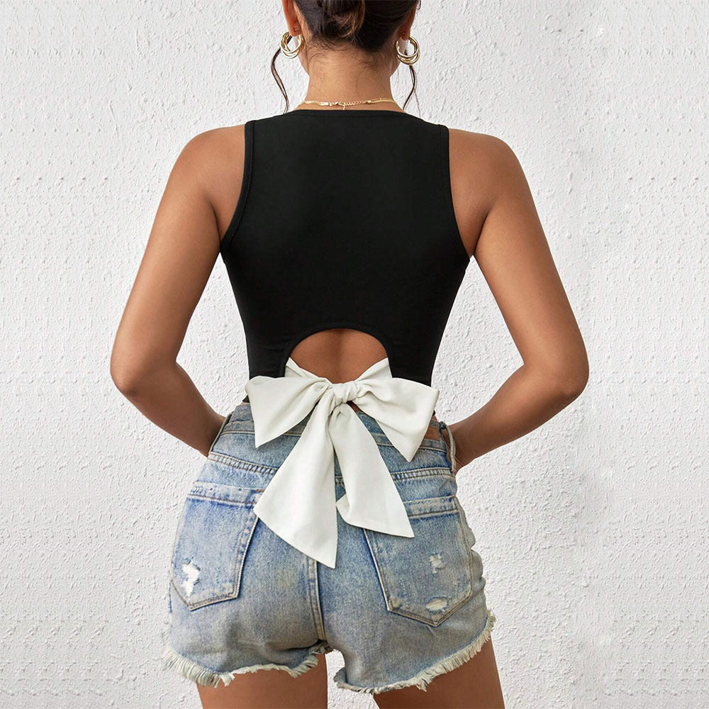 Slim-Fit Tank Top with Back Cut-Out and Contrast Bow