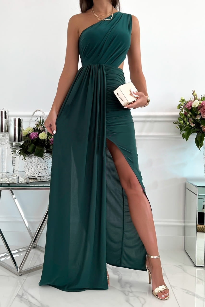 Draped One-Shoulder Maxi Dress with Cut-Out and Slit