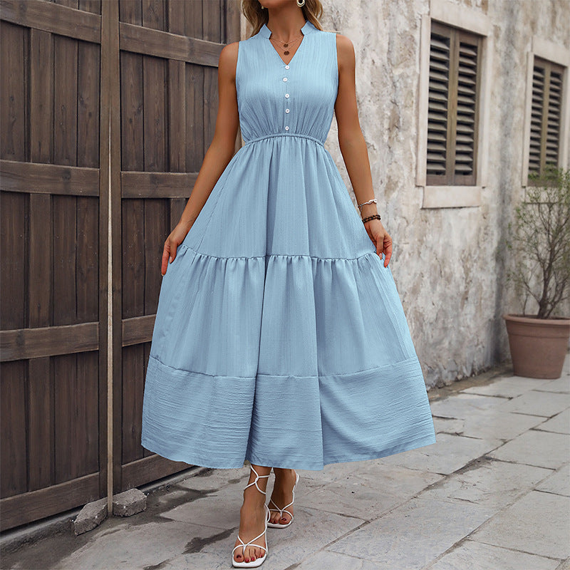 High-Waist A-Line Maxi Dress with V-Neck and Tiered Skirt
