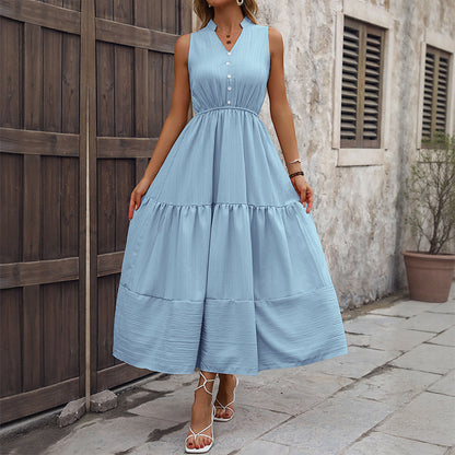 High-Waist A-Line Maxi Dress with V-Neck and Tiered Skirt