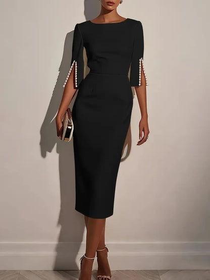 Sheath Midi Dress with Beaded Slit Sleeves