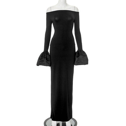 Off-the-Shoulder Bodycon Maxi Dress with Bell Sleeves