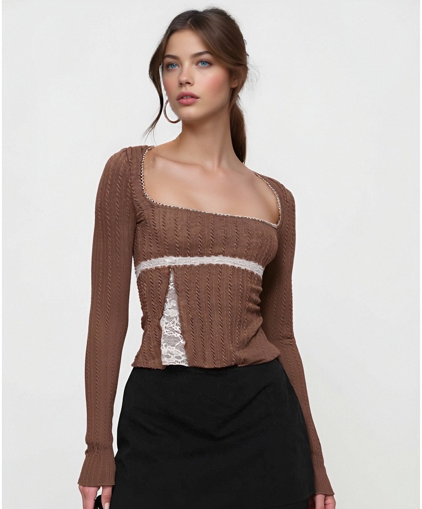 Slim Fit Long Sleeve Top with Square Neck and Lace Splicing