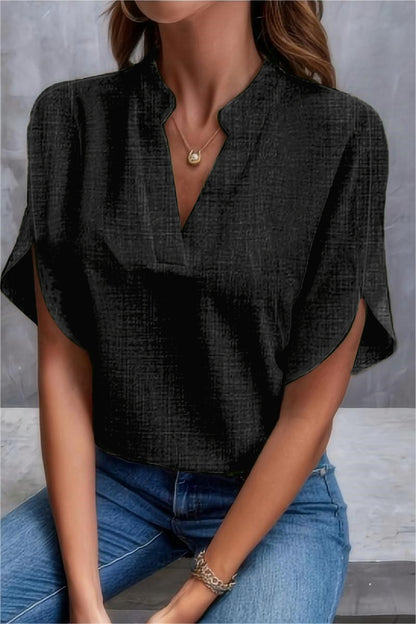 Solid Blouse with V-Neck and Split Short Sleeves