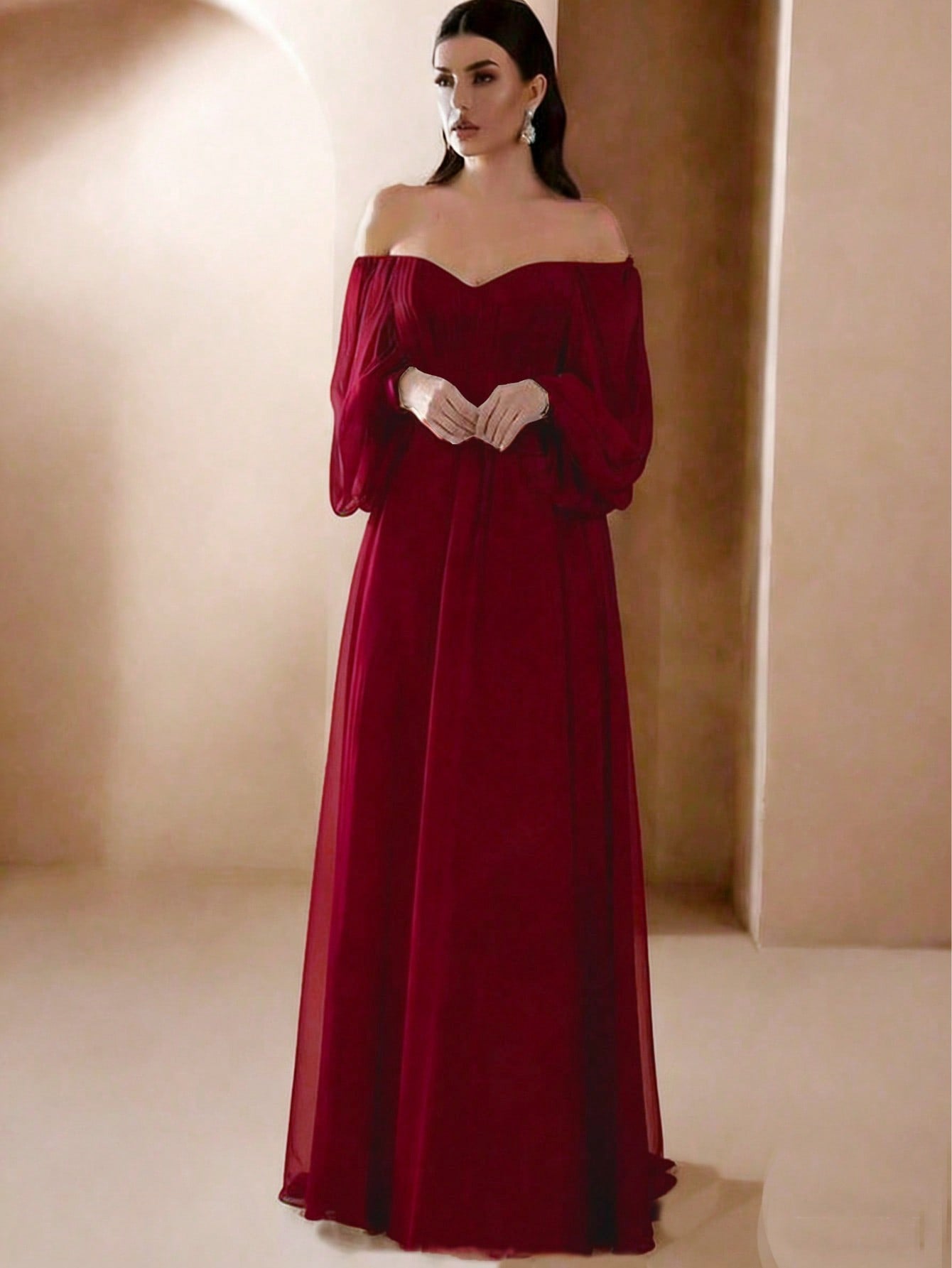 A-Line Maxi Dress with Off-Shoulder Balloon Sleeves