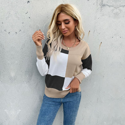 Contrast Color Patchwork Knitted Pullover with Round Neck