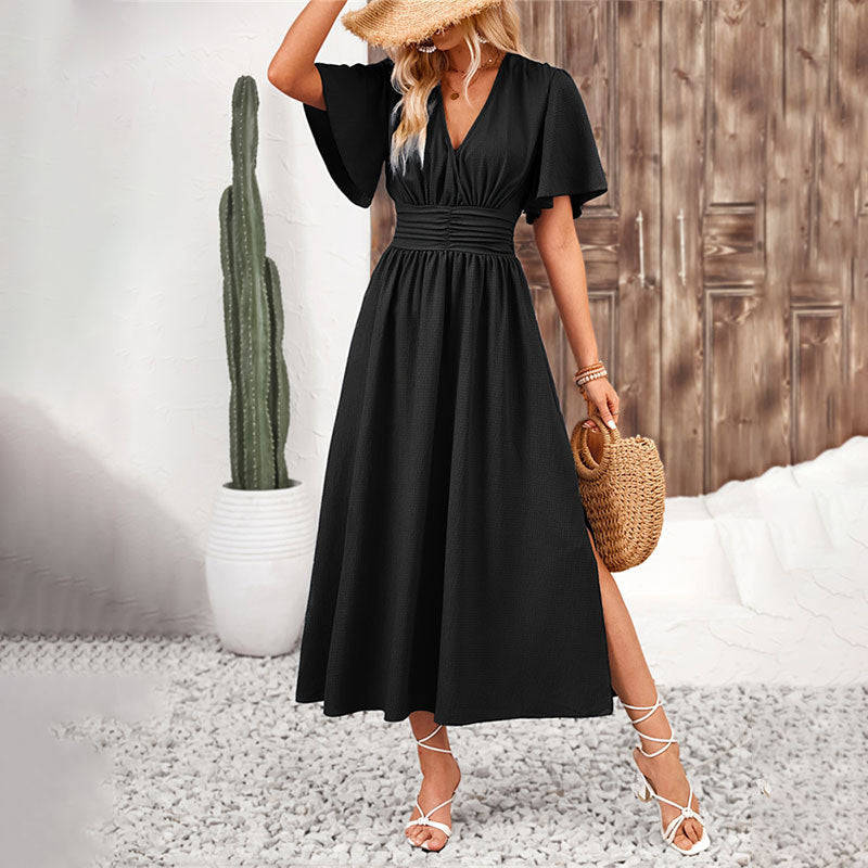 Solid V-Neck Midi Dress with Flutter Sleeves and Elastic Waist