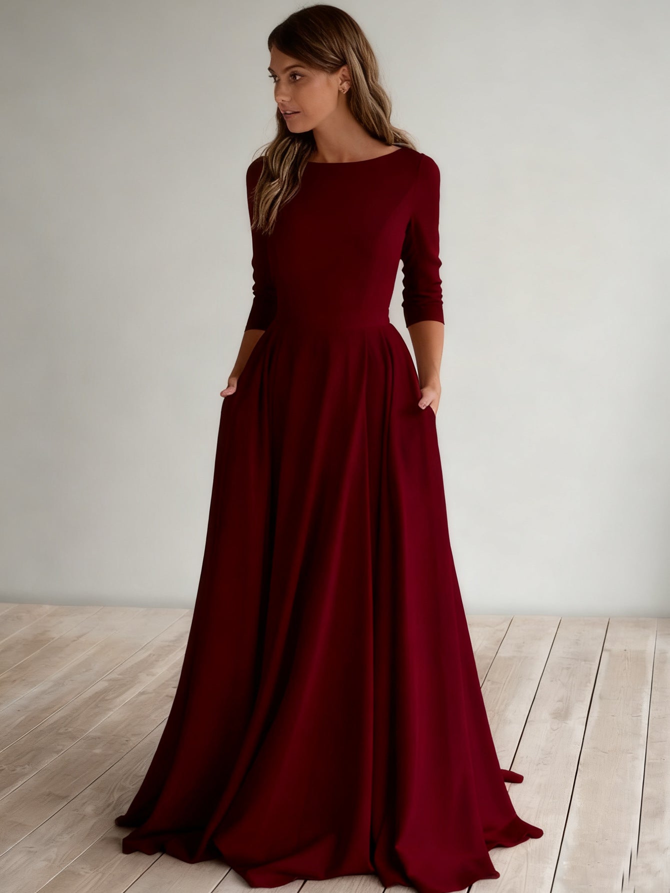 A-Line Maxi Dress with Nine-Quarter Sleeves and Pockets