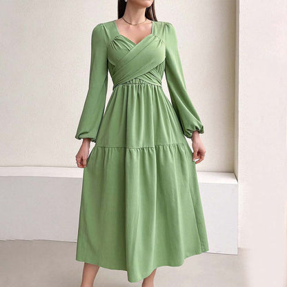 A-Line Midi Dress with Criss-Cross V-Neck and Lantern Sleeves