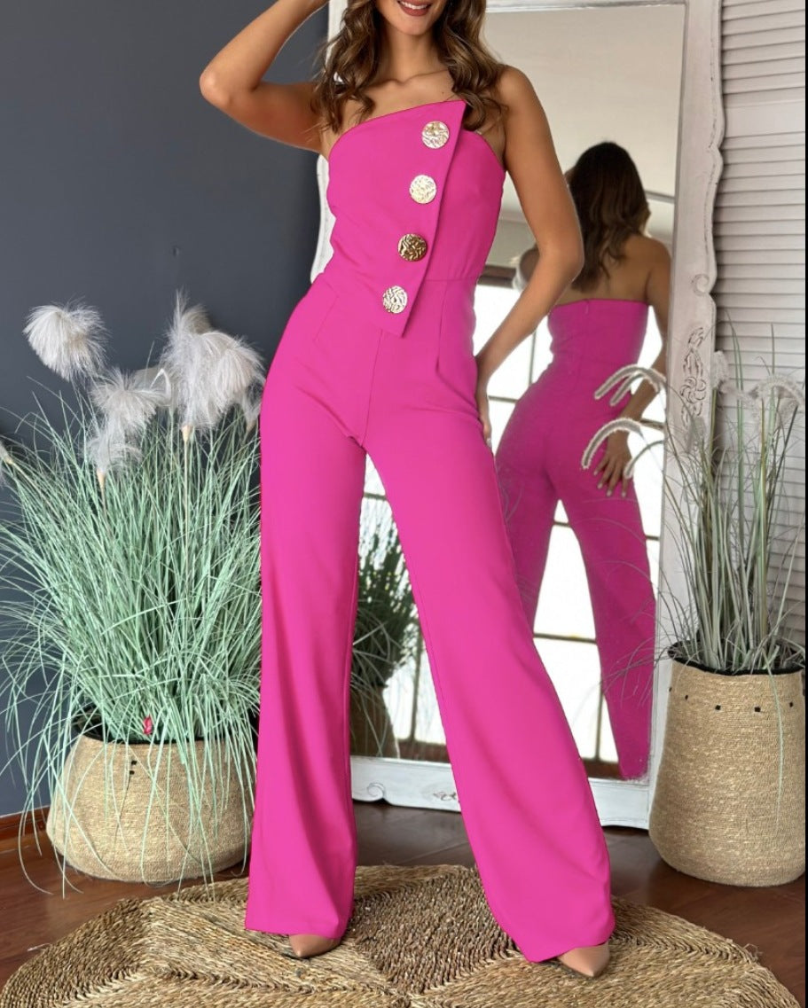 Strapless Wide-Leg Jumpsuit with Decorative Buttons