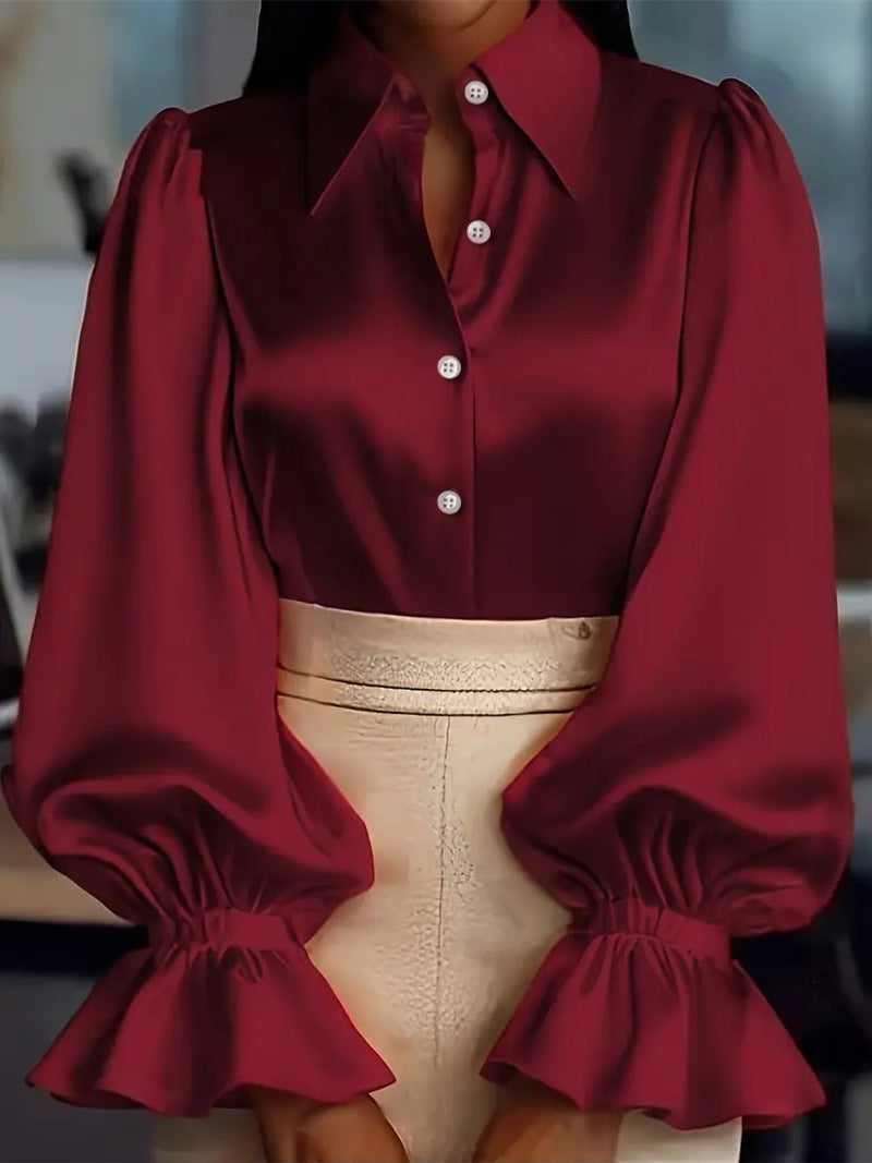 Solid Satin Blouse with Puff Sleeves and Ruffled Cuffs