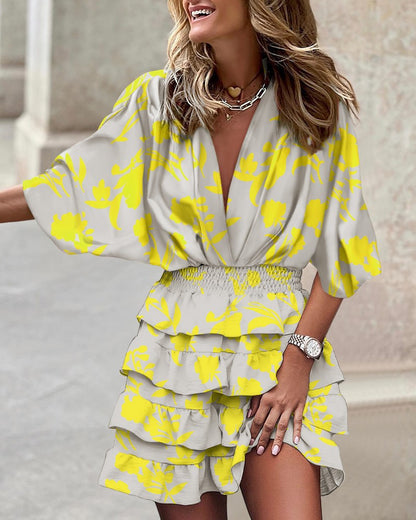Tiered Mini Dress with Bat Sleeves and V-Neck