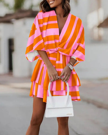 Printed Mini Dress with Faux Wrap V-Neck and Bat Sleeves
