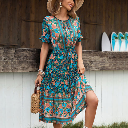 Bohemian Floral Print Midi Dress with Tie-Neck and Drawstring Waist