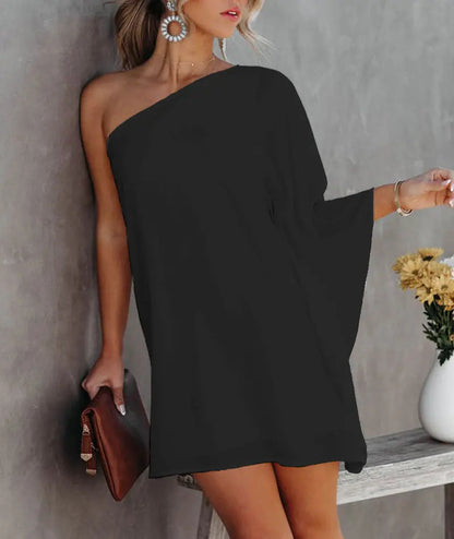 Printed One-Shoulder Mini Dress with Bat Sleeves