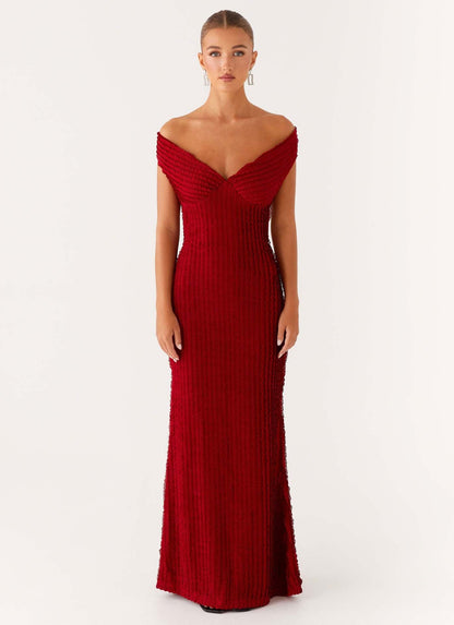 Textured Knit Pencil Maxi Dress with Off-the-Shoulder V-Neck