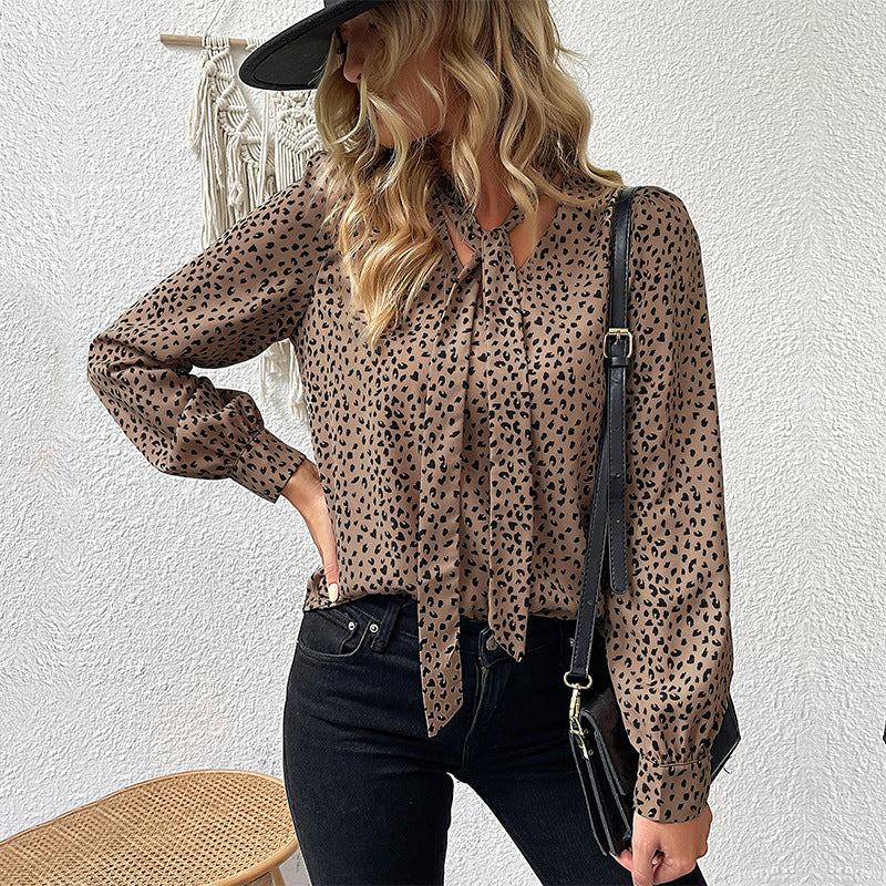 Leopard Print Long-Sleeved Blouse with Tie-Neck