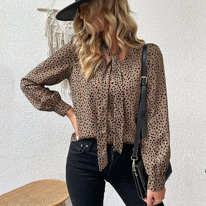 Leopard Print Long-Sleeved Blouse with Tie-Neck