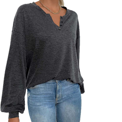 Relaxed Henley Top with Lantern Sleeves and V-Neck