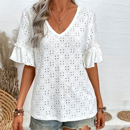 Loose Eyelet Top with V-Neck and Ruffle Sleeves