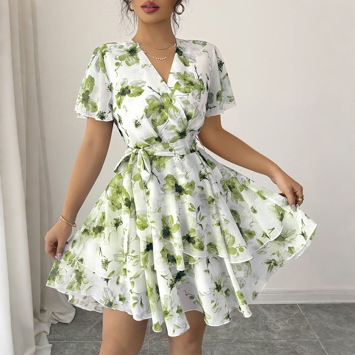 Floral Wrap Mini Dress with Tiered Skirt