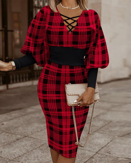 Geometric Print Sheath Dress with Lace-Up V-Neck and Dolman Sleeves